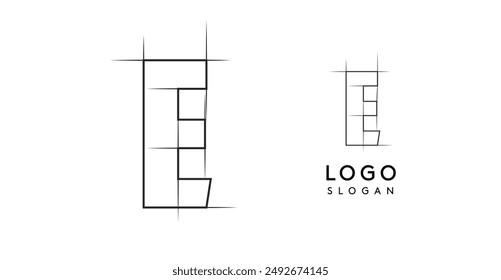 Letter E Bleistift gezeichnet, architektonische Blaupause Logo Design, Konstruktion Paket, technische Zeichnung. Ideal für Corporate Branding, Industrieprojekte, Ingenieurbüros. Vektorillustration