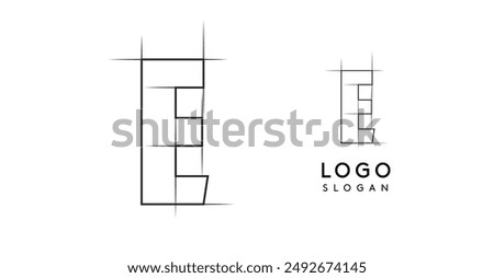 Letter E pencil drawn, architectural blueprint logo design, construction plan, technical drawing. Ideal for corporate branding, industrial projects, engineering firms. Vector illustration