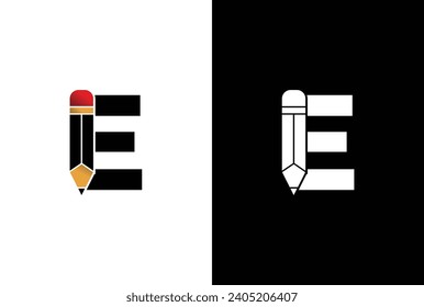 Letter E Pencil Logo Design. Letter E Pencil Vector Icon Graphic Illustration Background Template.