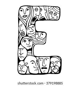 Letter E. People crowd. Isolated alphabet design. Hand drawn vector illustration in cartoon style