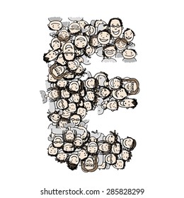 Letter E, people crowd, vector alphabet for your design
