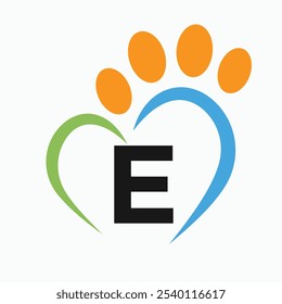 Letter E Pet Logo Design Concept With Paw and Heart Symbol Vector
