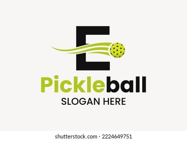 Letter E Pickleball Logo Concept With Moving Pickleball Symbol. Pickle Ball Logotype Vector Template