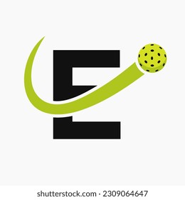 Letter E Pickleball Logo Concept With Moving Pickleball Symbol. Pickle Ball Logotype