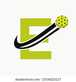 Letter E Pickleball Logo Concept With Moving Pickle Ball Symbol. Pickle Ball Logotype