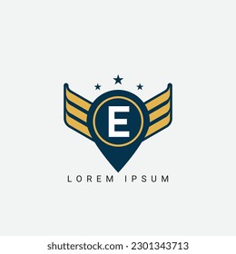 Letter E Pin and wings initial shield with wings logo design