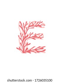 Letter E pink colored seaweeds underwater ocean plant sea coral elements flat vector illustration on white background