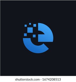 Letter E pixel logo blue color. Technology and digital logotype vector illustration