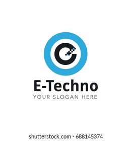 Letter E Pixel Logo Design Template With Blue Circle Isolated on White Background. Vector Illustration