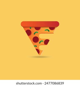 Letter E pizza colorful logo design. Slice of pepperoni pizza. Vector illustration in cartoon style isolated on orange background.