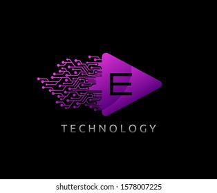 Letter E Play Logo Icon.Triangle and digital line shape icon perfect for music, audio and movie icon design company.