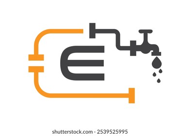 Letra E Plumber Logo Design Vetor Modelo Conceito Com Tubulação E Símbolo De Água