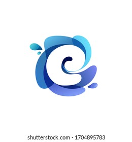 Letter E pure water logo. Swirling overlapping shape with splashing drops. Vector icon perfect for eco identity, marine posters and cleaning labels, etc.