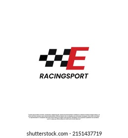 letter E with racing flag icon template logo design