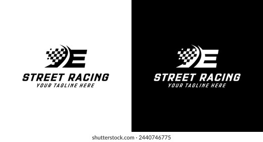 Letter E with Racing flag icon on black and white background, racing,automotive,road logo