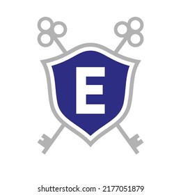 Letter E Real Estate Logo Design Concept with Crossed Key Sign. Key Real Estate Logotype on Shield Symbol