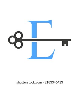 Letter E Real Estate Logo Concept With Home Lock Key Vector Template. Luxury Home Logo Key Sign