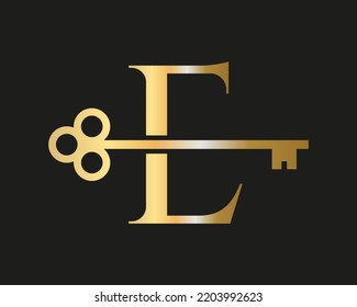 Letter E Real Estate Logo Concept With Home Lock Key Vector Template. Luxury Home Logo Key Sign