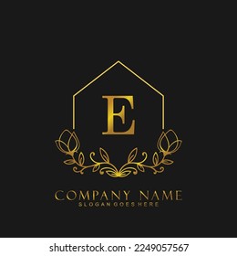 letter E Real estate logo concept. Feminine style Handwritten alphabet with floral in the logo template. Letters and Alphabet for your logo design.