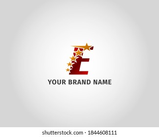 letter E red metallic with five golden star logo template