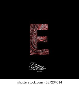 Letter E of red and silver glitters. Typographic vector element for design. Part of curly textured alphabet with shiny paillettes. Letter E with diffusion glitter swirly pattern. Vector illustration