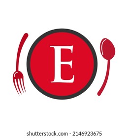 Letter E Restaurant Logo. Restaurant Logotype On Letter E Spoon And Fork Concept Vector
