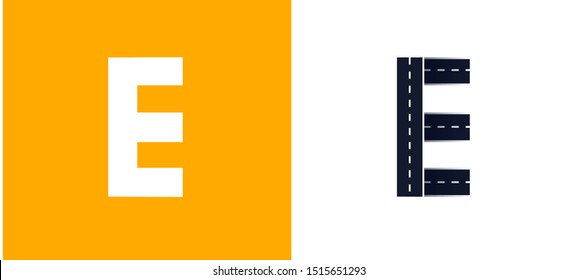 Letter E. Road font. Typography vector design with street lines.On white and yellow background.