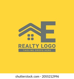 letra E diseño del logotipo vectorial de la casa de techo para inmobiliaria, agente inmobiliario, alquiler de inmuebles, constructor interior y exterior