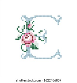 Letter E with rose. Pastel blue color with white outline.  Embroidery style vector illustration isolated on white background.