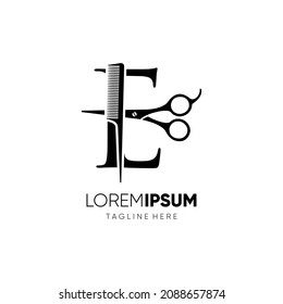 Letter E Scissors and Hair Comb Stylist Logo Design Vector Icon Graphic Emblem Illustration