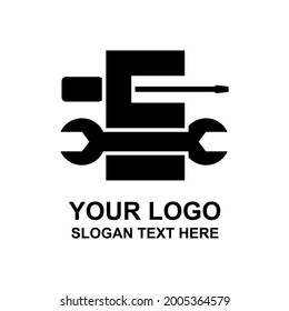 Letter E with screwdriver and wrench for company and business logo. Mechanical service icon and symbol.