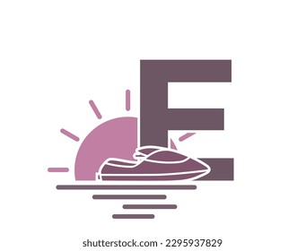 letter e with sea, sun and jet ski. vacation alphabet logotype symbol. summer and exotic tourism design. isolated vector image