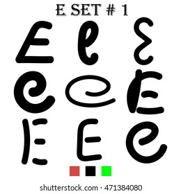 Letter E. Set of stylized letters of the English alphabet. Black font isolated on white background. For the logo, print, web design icons.