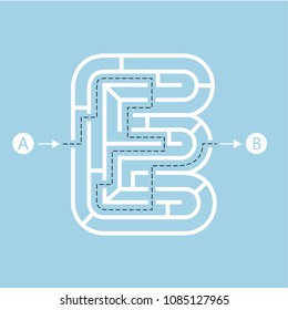 Letter E shape Maze Labyrinth, maze with one way to entrance and one way to exit. Flat design, vector illustration.