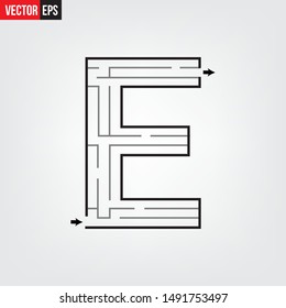 Letter E shape Maze Labyrinth, maze with one way to entrance and one way to exit. Flat design, vector illustration.