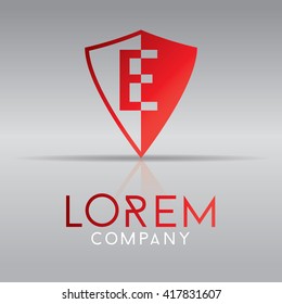 Letter E in a shield. Alphabet logo design. Vector illustration.