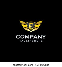 letter E shield with wings gold color logo design concept tempate vector