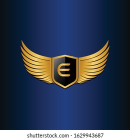 letter E shield with wings gold color logo design concept template vector 3d heraldic shield and wings logo gold / silver emblem