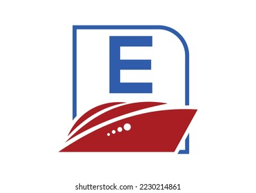 Letter E with the ship, cruise, or boat logo design template, icon sign symbol ocean waves vector illustration.