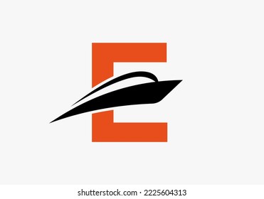 Letter E Shipping Logo Sailboat Symbol. Nautical Ship Sailing Boat Icon