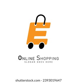 Letter E for Shopping Logo template, ecommerce icon. Alphabet E bag design concept vector logo