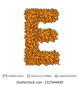 Letter E sign of autumn leaves. Fall bright orange leaves element. 