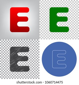 Letter E sign design template element. Vector. 4 styles. Red gradient in radial lighted background, green flat and gray scribble icons on transparent and linear one in blue circle.