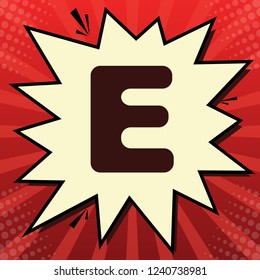 Letter E sign design template element. Vector. Dark red icon in lemon chiffon shutter bubble at red popart background with rays.
