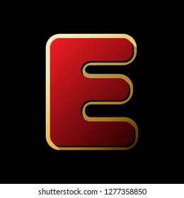 Letter E sign design template element. Vector. Red icon with small black and limitless shadows at golden sticker on black background.