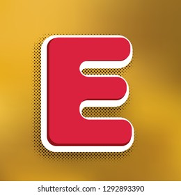 Letter E sign design template element. Vector. Magenta icon with darker shadow, white sticker and black popart shadow on golden background.