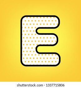 Letter E sign design template element. Vector. Yellow polka dot white icon with black contour at warm yellow background. Illustration.