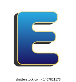 Letter E sign design template element. Blue icon with gold contour with dark gray shadow at white background. Illustration.