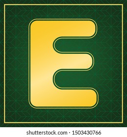 Letter E sign design template element. Golden icon with gold contour at dark green gridded background. Illustration.