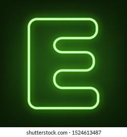Letter E sign design template element. Green neon icon in the dark. Blurred lightening. Illustration.